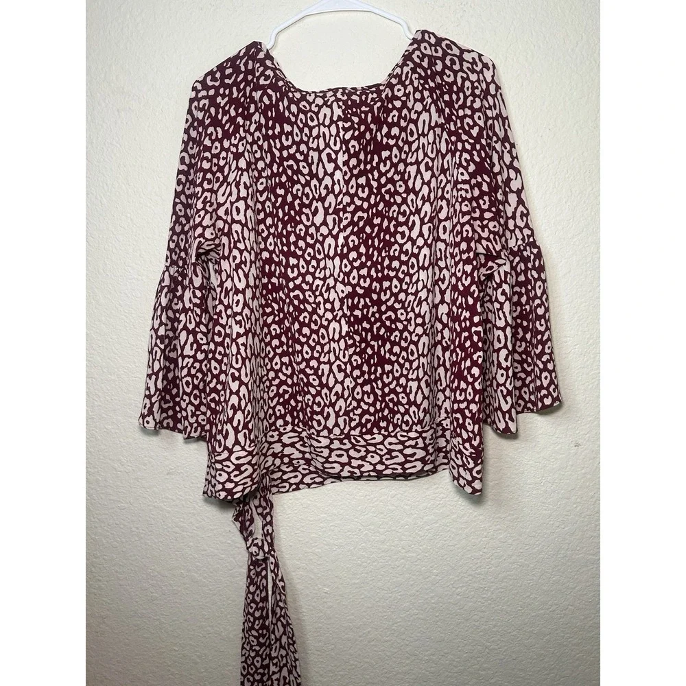 Michael Kors Maroon Animal Pring Long Bell Sleeve Women's Top Large Sheer Dinner